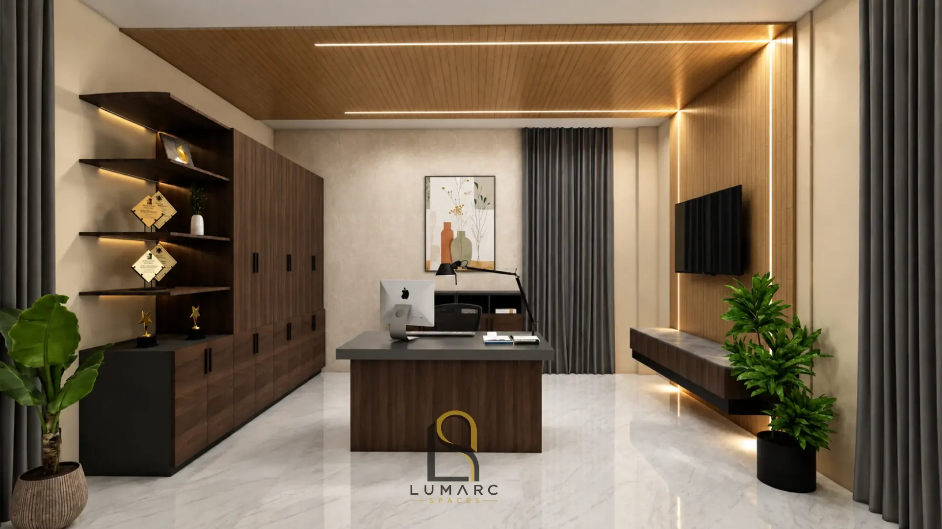 Office interior design with warm timber finishes and integrated lighting — 3D visualisation